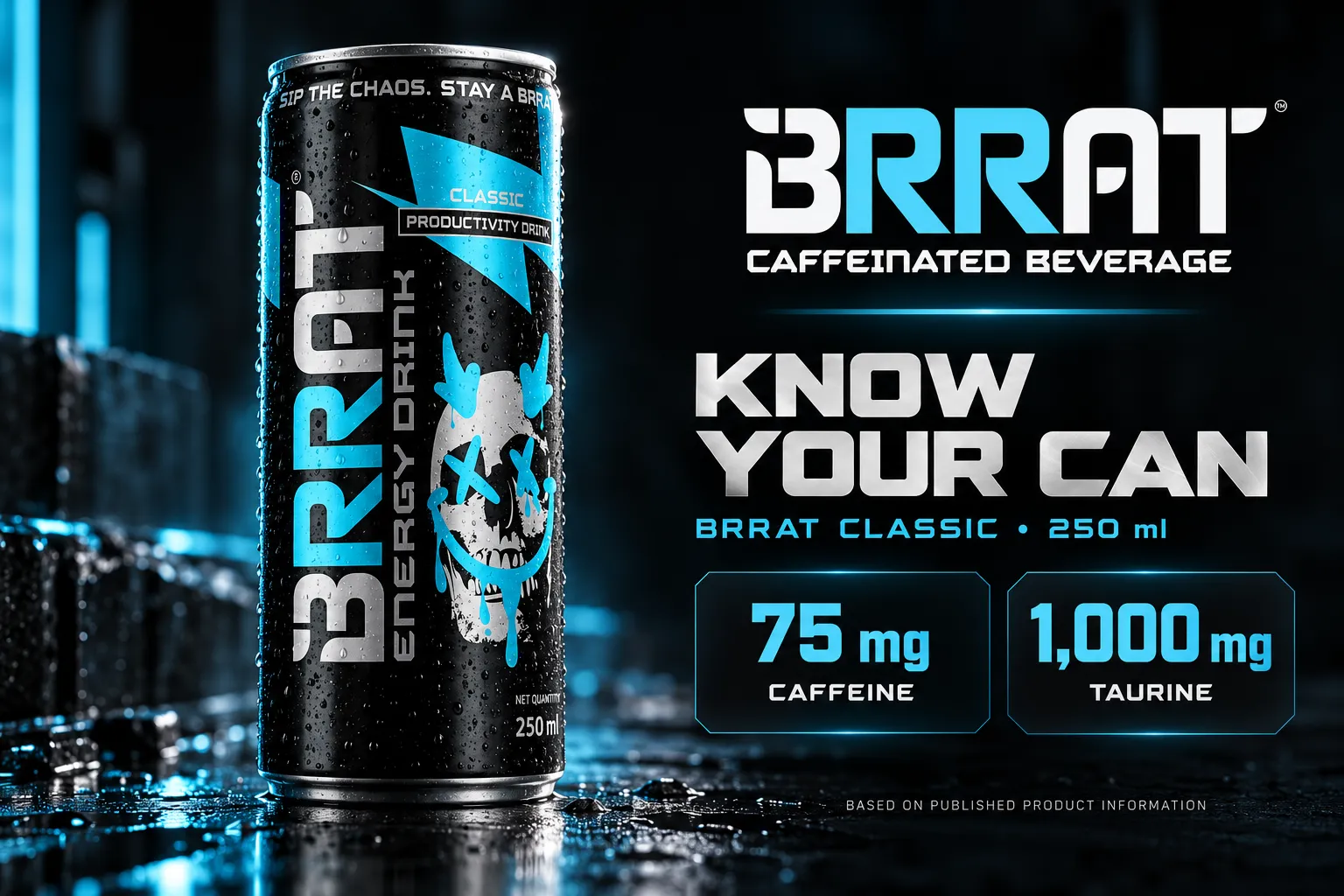 BRRAT Classic 250 ml ingredient information with 75 mg caffeine and 1000 mg taurine